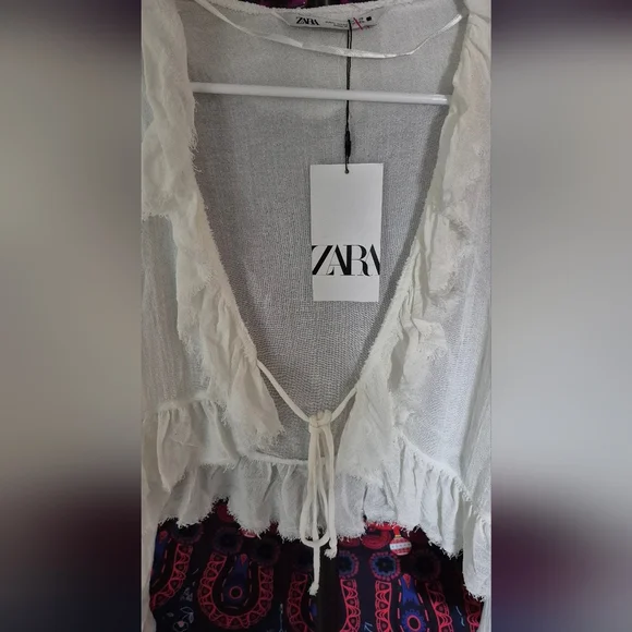 Zara White Ruffle Tie-Front FlounceTop SZ.L NWT - Picture 5 of 9